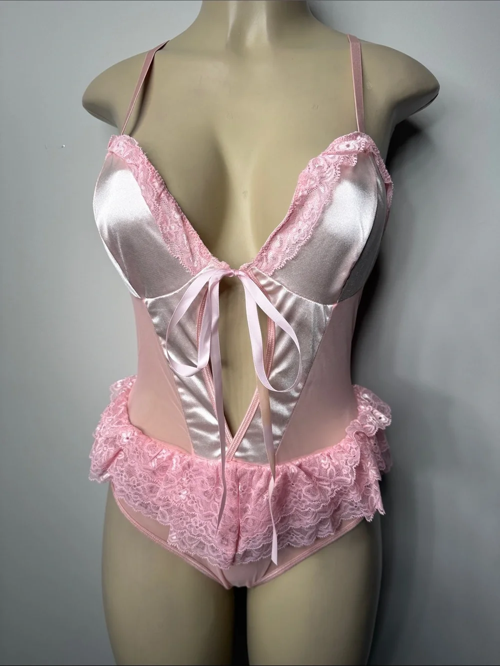 Delicate Pink Satin & Lace Teddy Bodysuit